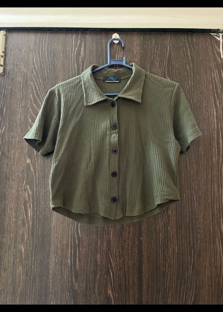 Olive Green Ribbed Button-Up Crop Top