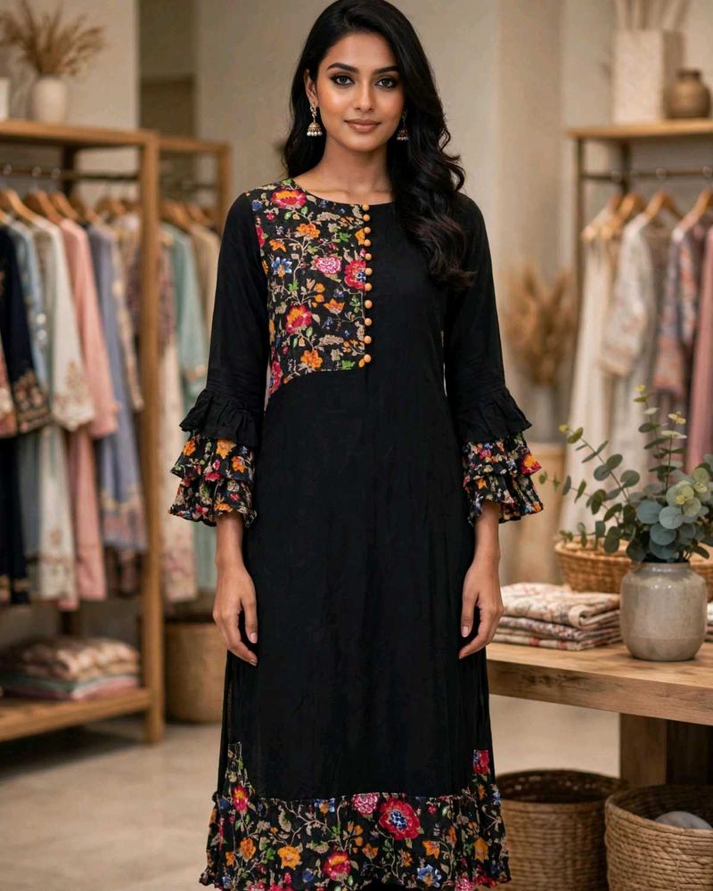 Elegant Black Floral Print Kurta