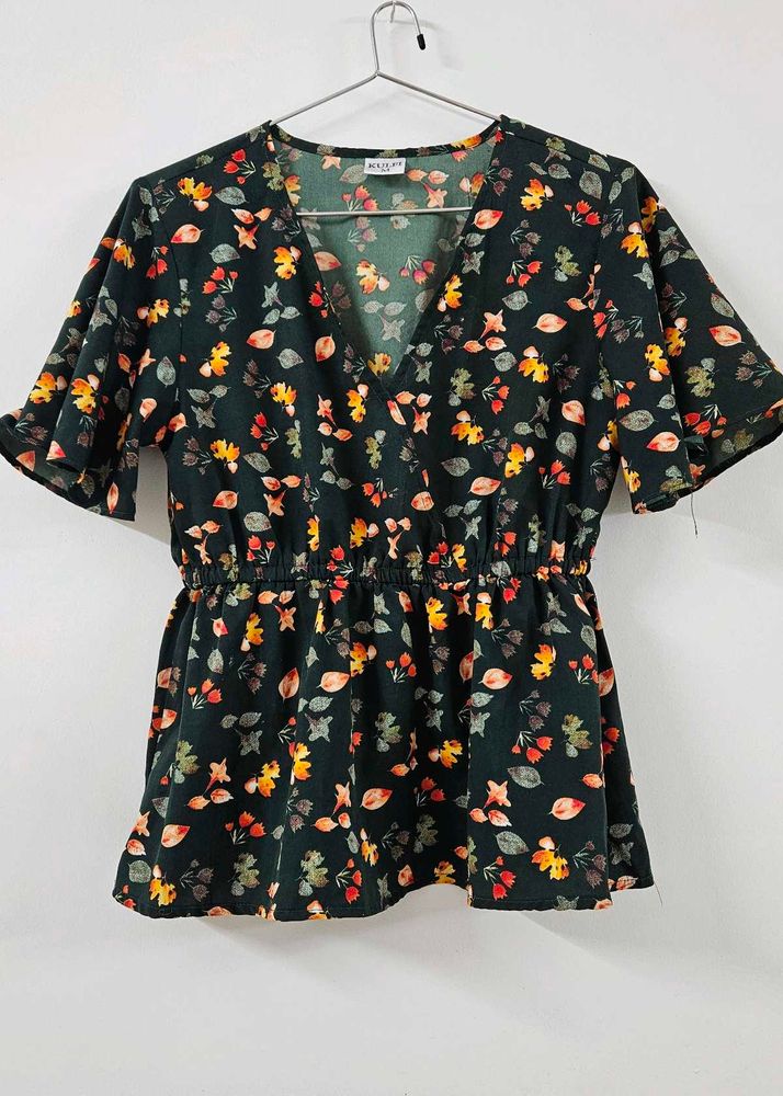 Dark Floral Print V-Neck Top