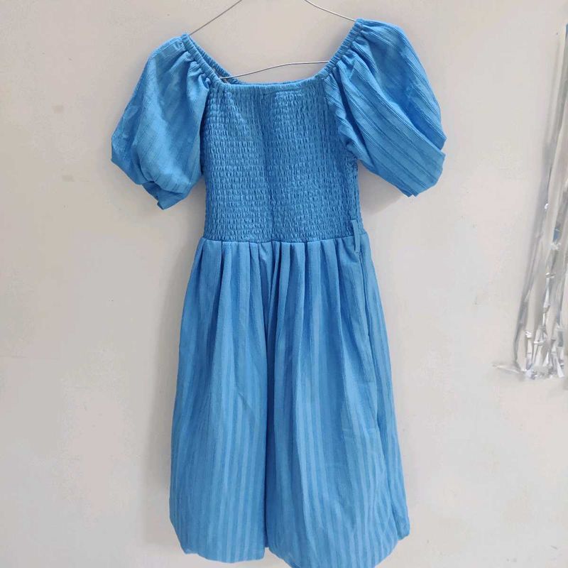 Blue Smocked Puff Sleeve Dress
