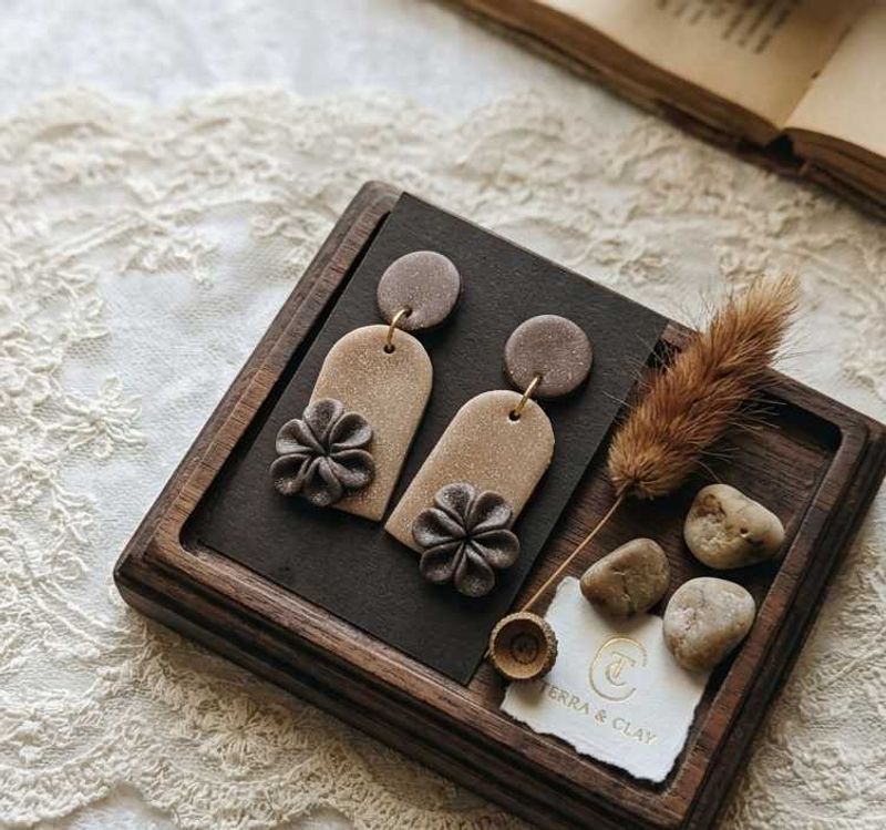 Handmade Floral Drop Earrings | Aesthetic Brown &amp;