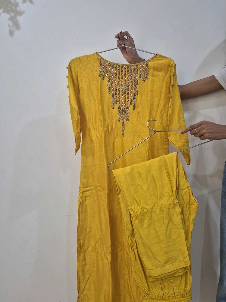Yellow Embroidered Kurta with Pants