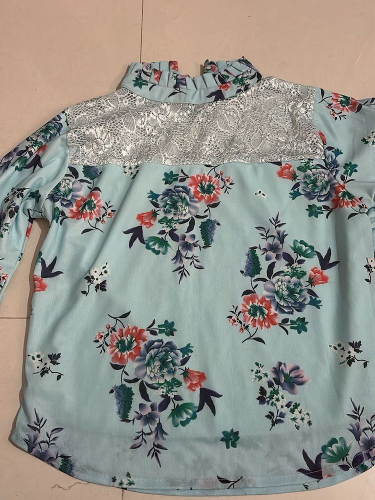 Light Blue Floral Lace Neck Top