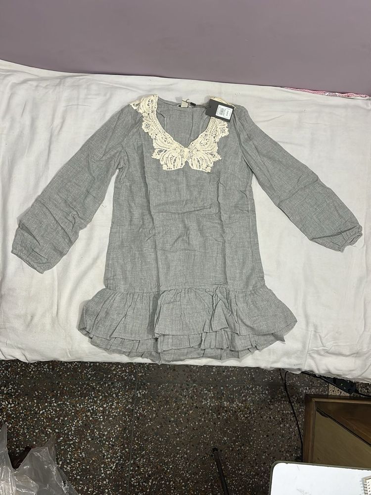 Gray Lace Neck Dress
