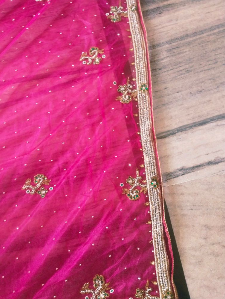 Stylish Full Flair Saree With Blouse  &amp; Petti Coat Also   Magenta Colour Heavy Work  Saree   Party Wear Saree  Only One Time Use   Febric  --net