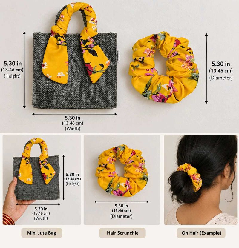 Yellow Floral Scrunchie &amp; Mini Jute Bag Set