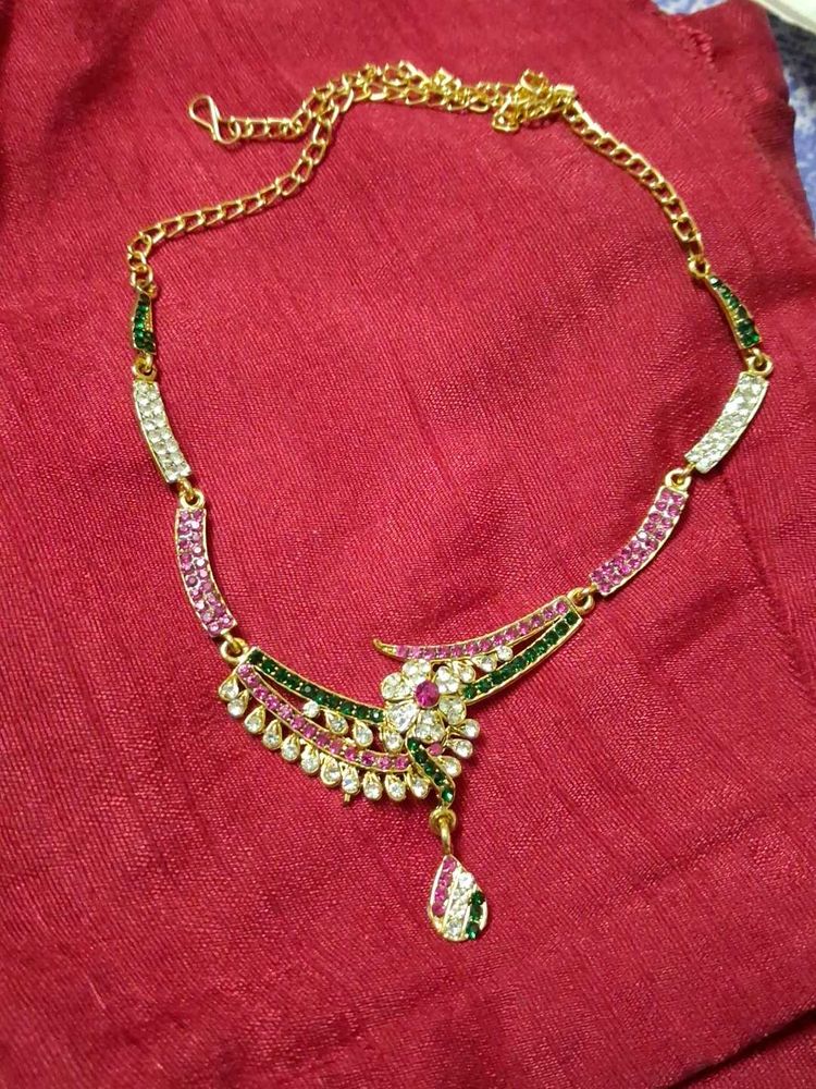 Gold Plated Necklace with pink and green stone