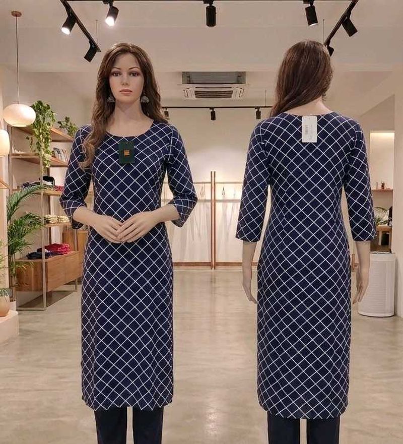 Navy Blue &amp; White Grid Print Straight Kurti