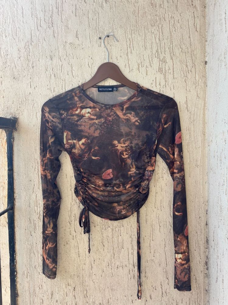 Sheer Mesh Ruched Long Sleeve Top