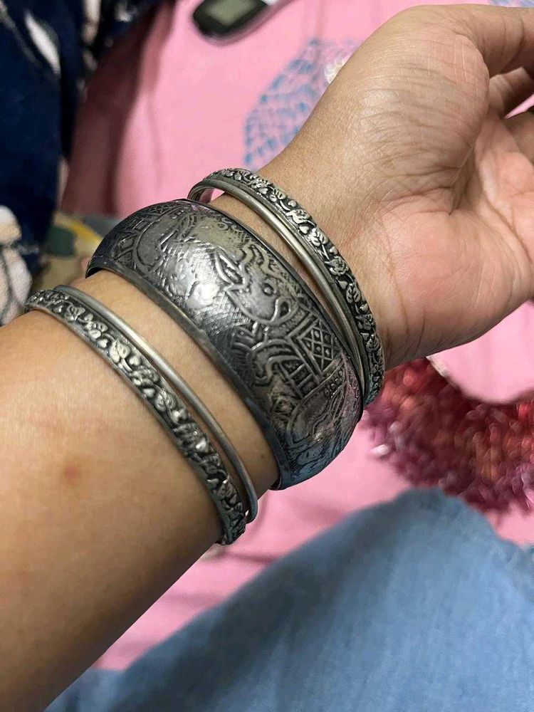 Silver Etched Bangle Set Combo Of 3