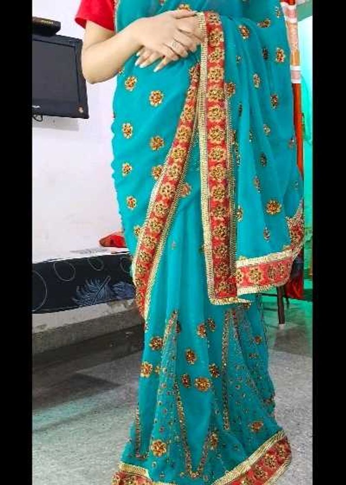 Beautiful Teal Embroidered Saree