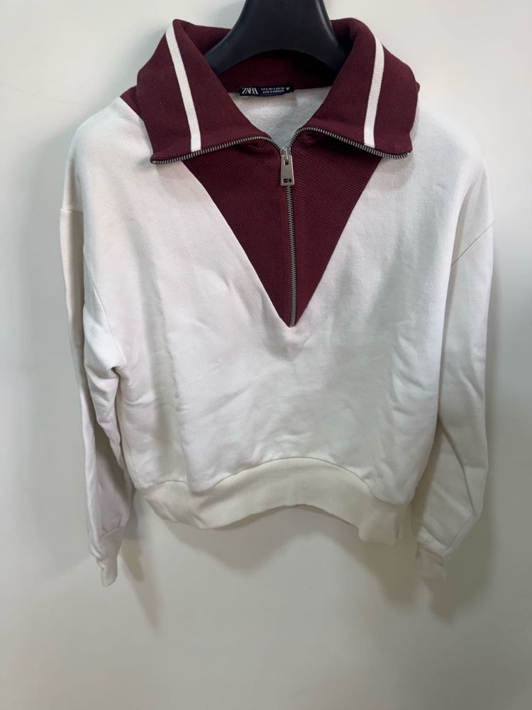 Cream &amp; Burgundy Zip Neck Sweatshirt