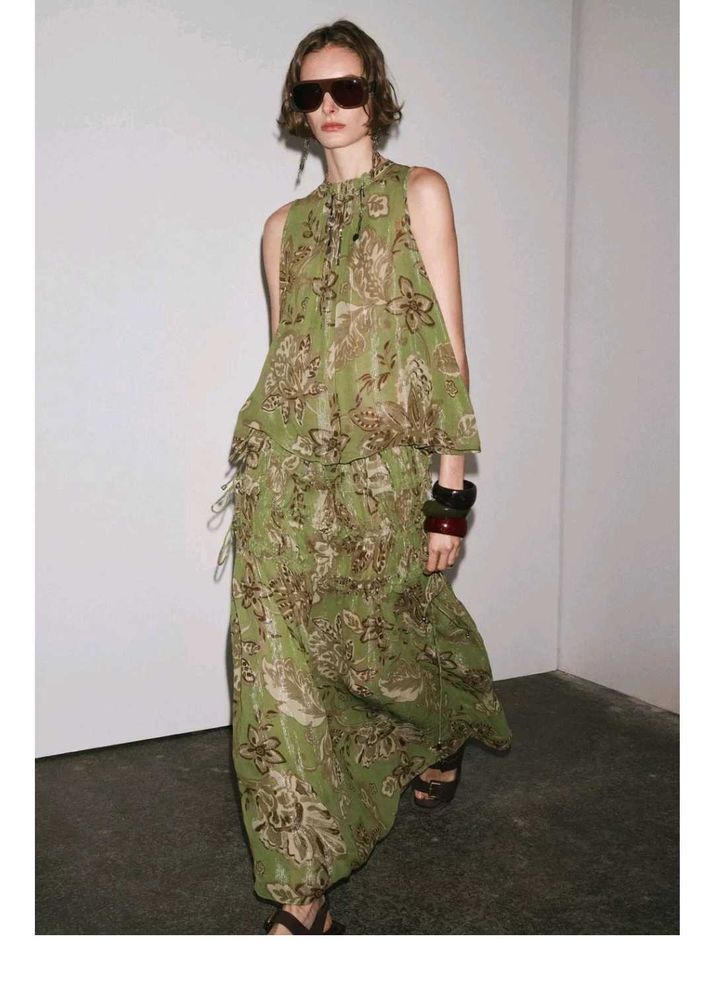 ZARA Olive Green Floral Maxi skirt (size= S - L)