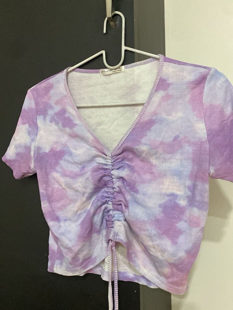 Tie-Dye Ruched V-Neck Top