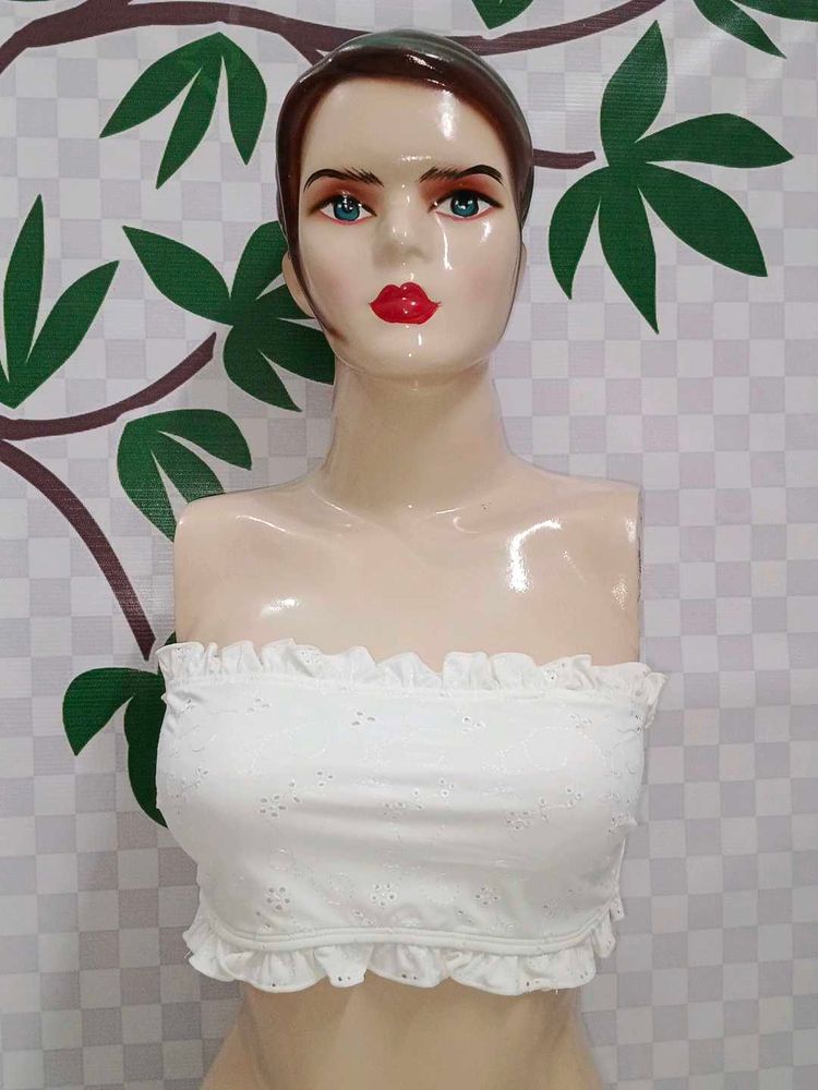 (100)White Ruffle Trim Tube Top