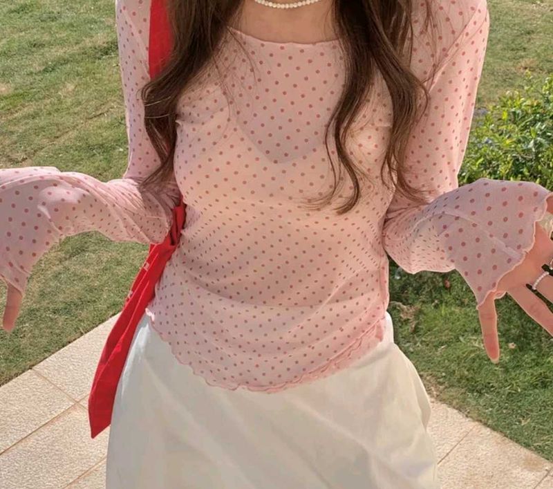 Cute Pink Polka Dot Mesh Top