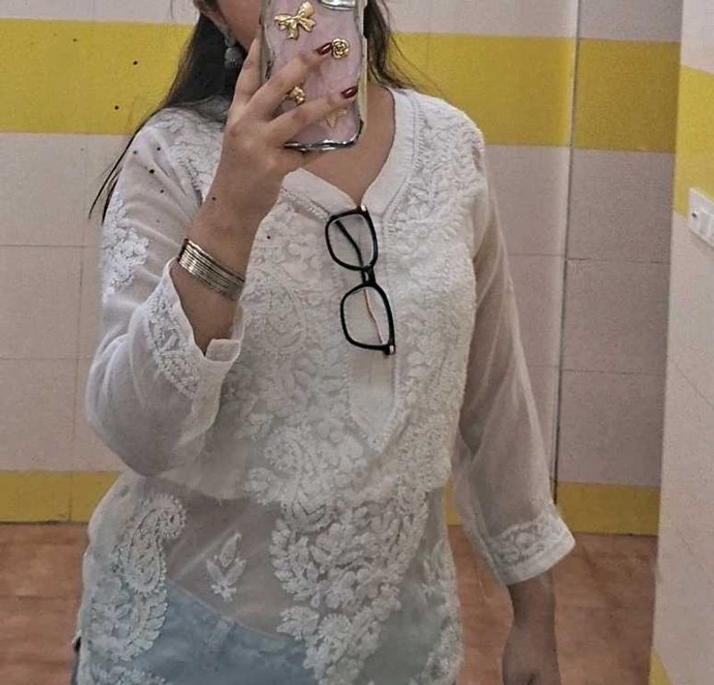 White Chikankari short  Kurti