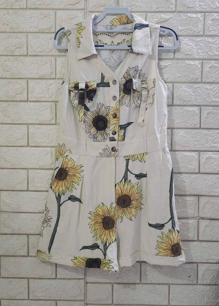 Sunflower Print Sleeveless Utility Romper