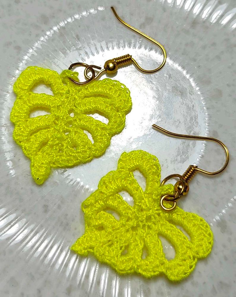 Yellow Crochet Leaf Earrings