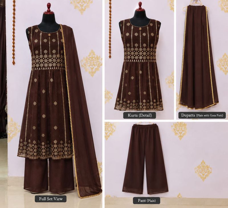 Elegant Brown Kurta Set with Gold Embellishments