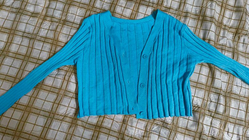 Blue Ribbed Knit Cardigan