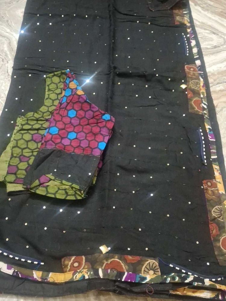 Black linen Saree with Embellishments and Blouse P