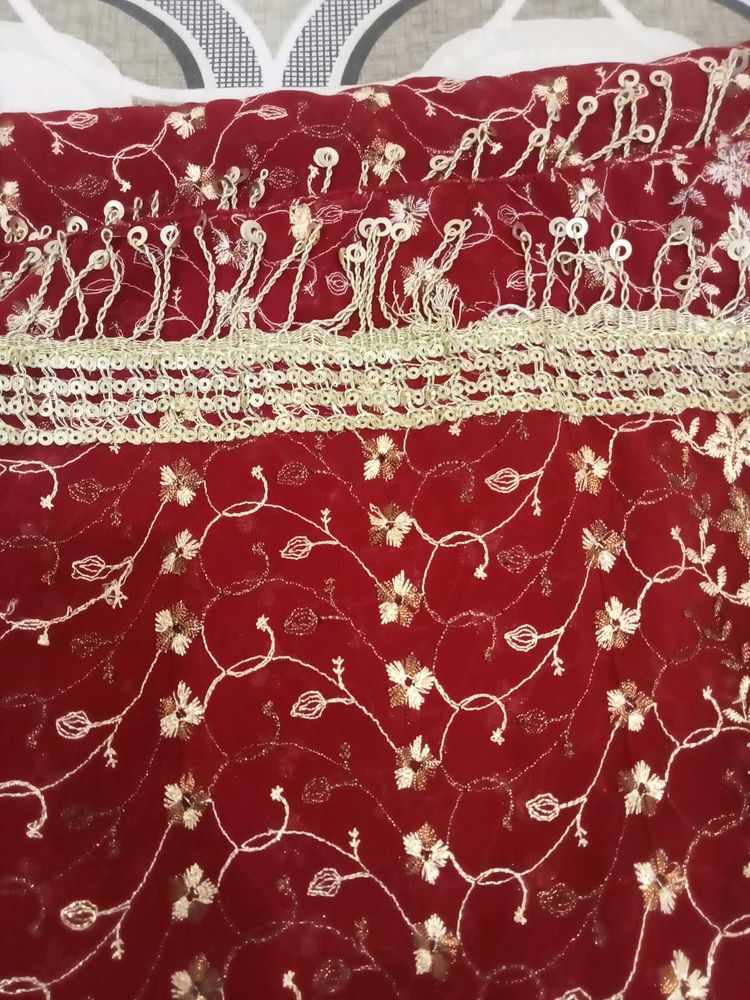Embroidered Red Dupatta with Sequins