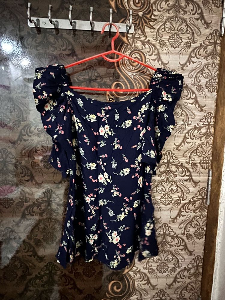 Navy Blue Floral Off-Shoulder Top