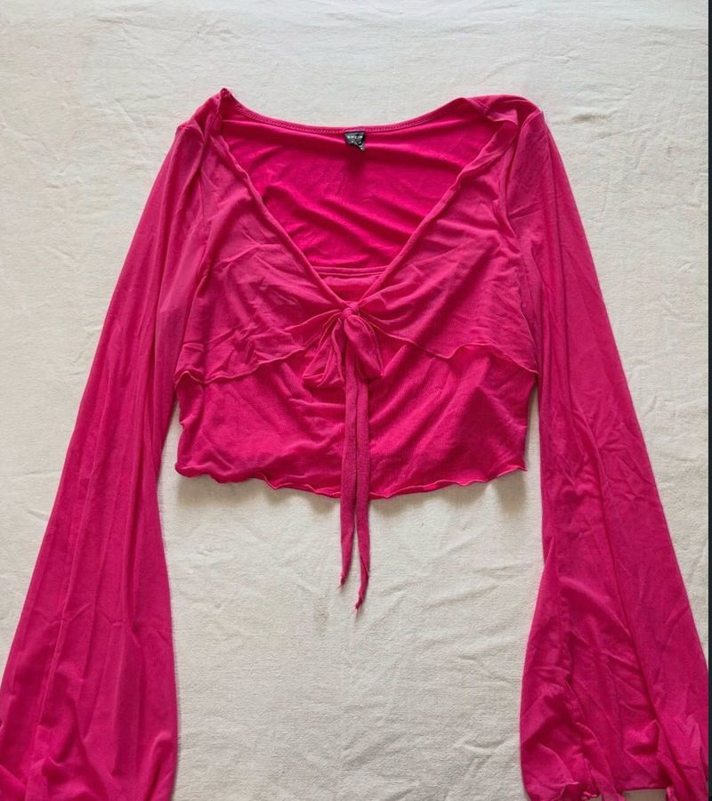 Hot Pink Tie-Front Bell Sleeve Top