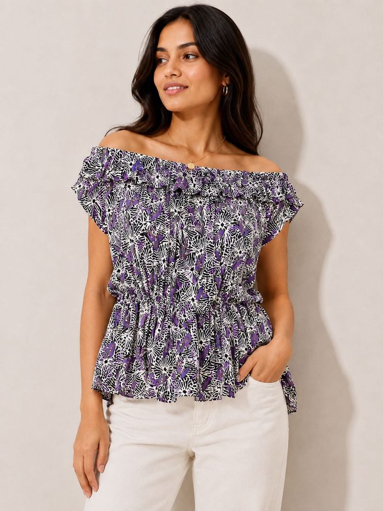 Purple Floral Off-Shoulder Smocked Top