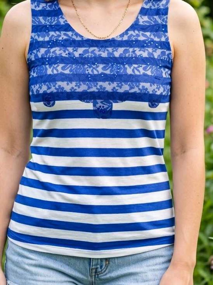Blue &amp; White Striped Lace Tank Top