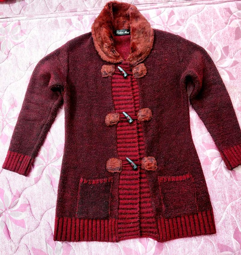 Burgundy Knit Coat For Women ❤️