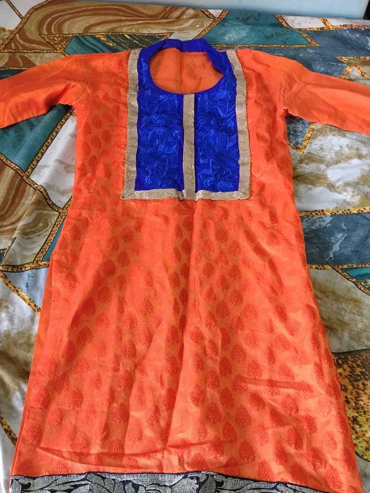 Orange Kurta with Blue Neckline and duppatta