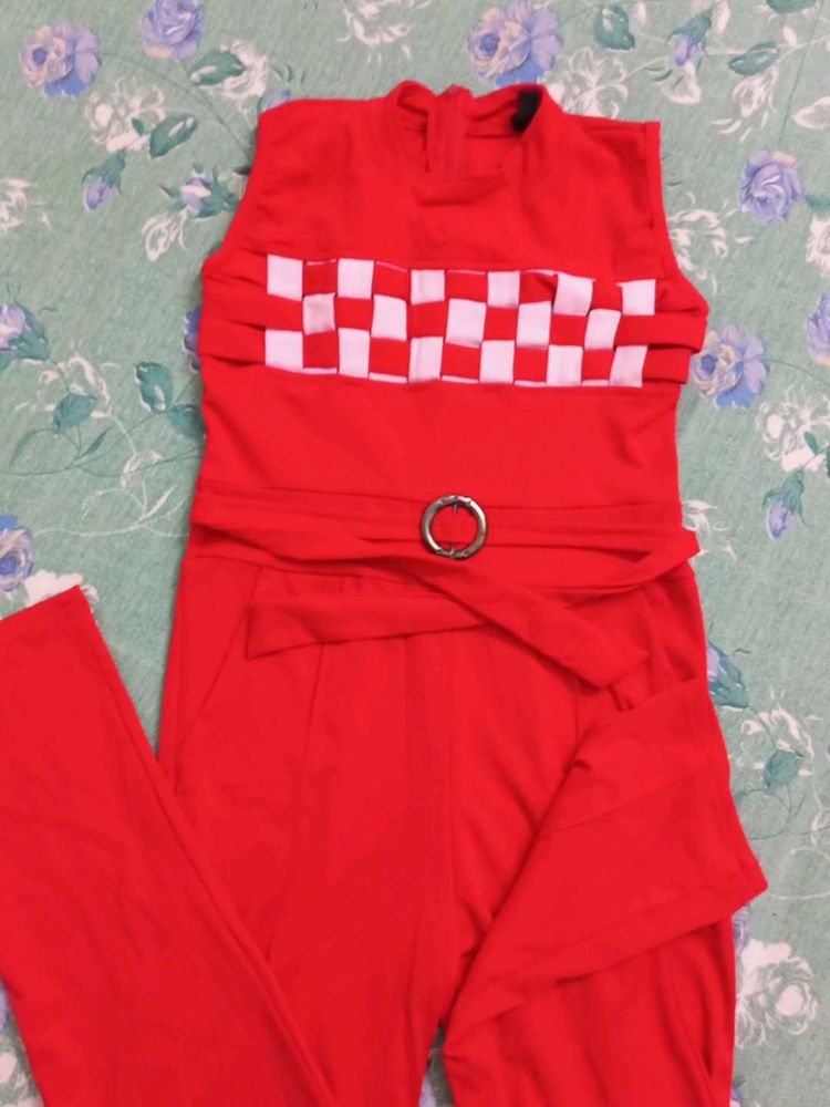 Chic Red Jumpsuit with Belt