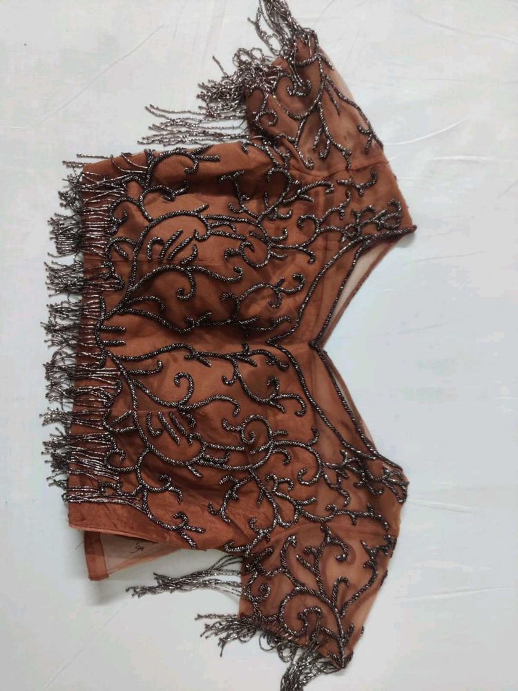 Brown Net blouse with tassels