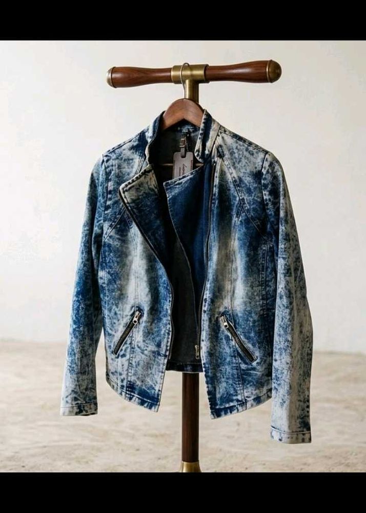Men or Women Acid Wash Denim Biker Jacket