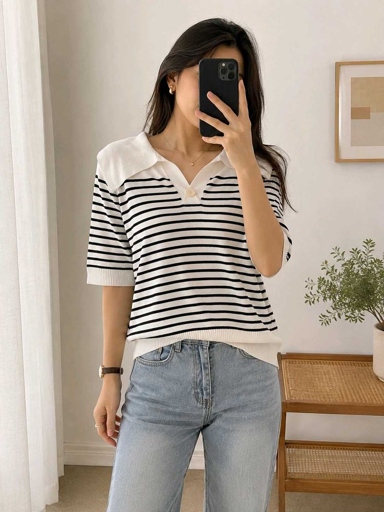 Striped Knit Top with Peter Pan Collar