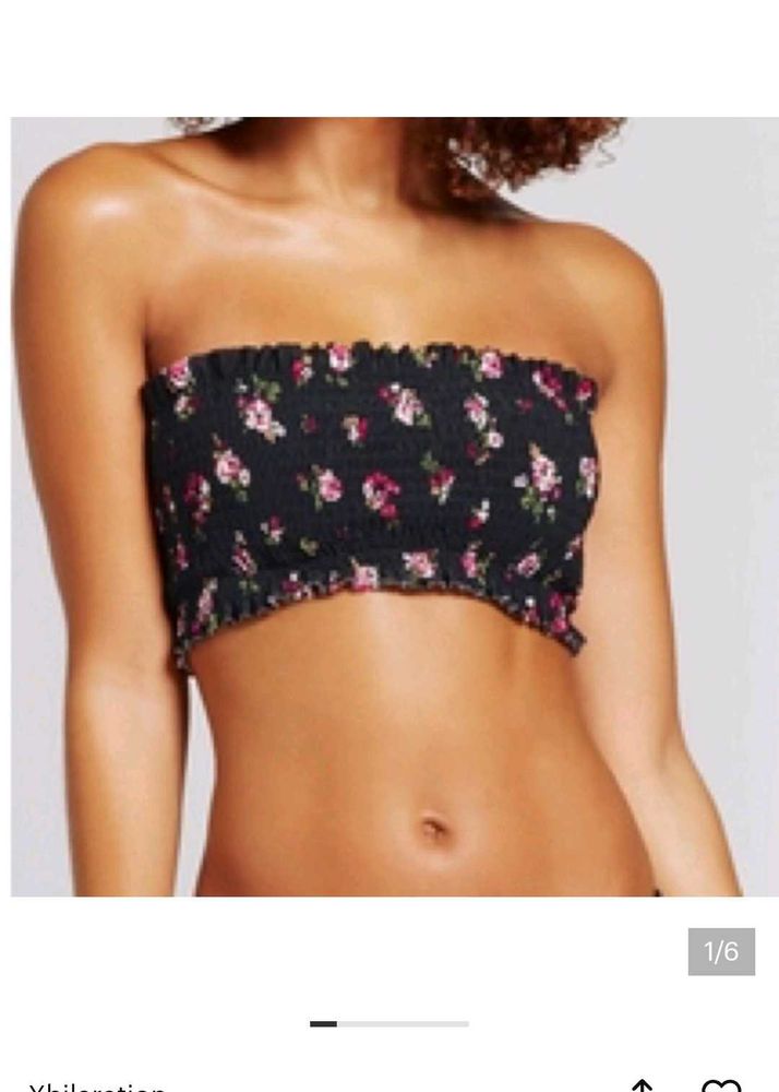 Smocked Floral Bandeau Bikini Top