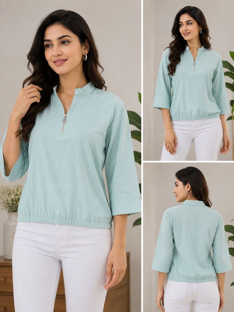 Light Blue Zipper Neck Top