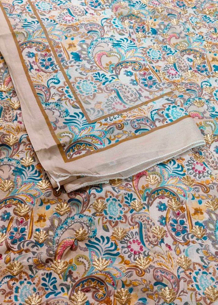fancy Pure Masleen Shimmer Suit Sky Blue Golden Bu