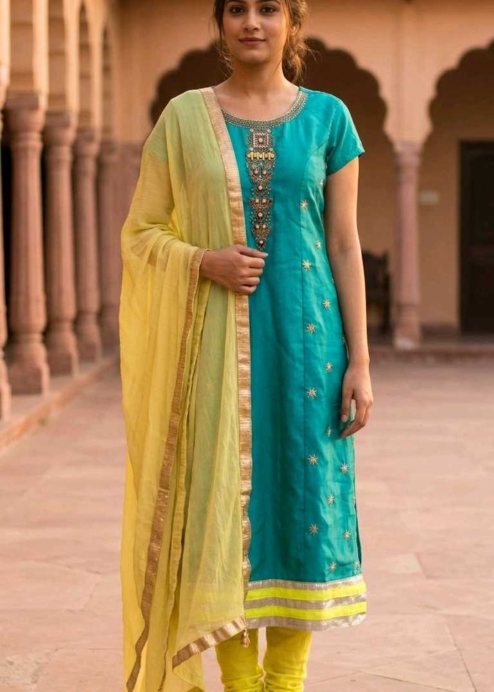 Vibrant Teal Embroidered Ethnic Dress Full Set