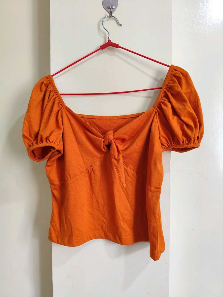 Orange Puff Sleeve Tie-Front Top