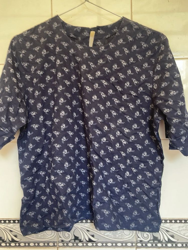 Navy Blue Printed Casual Top