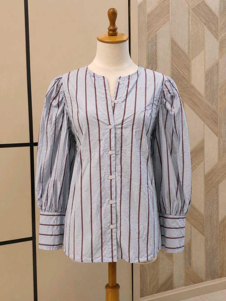 Light Blue Striped Puff Sleeve Top