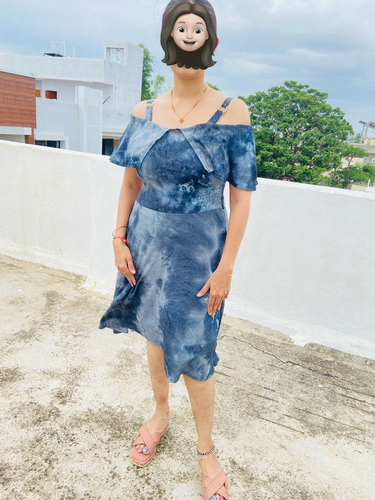 Stylish Blue Tie-Dye Off-Shoulder Dress
