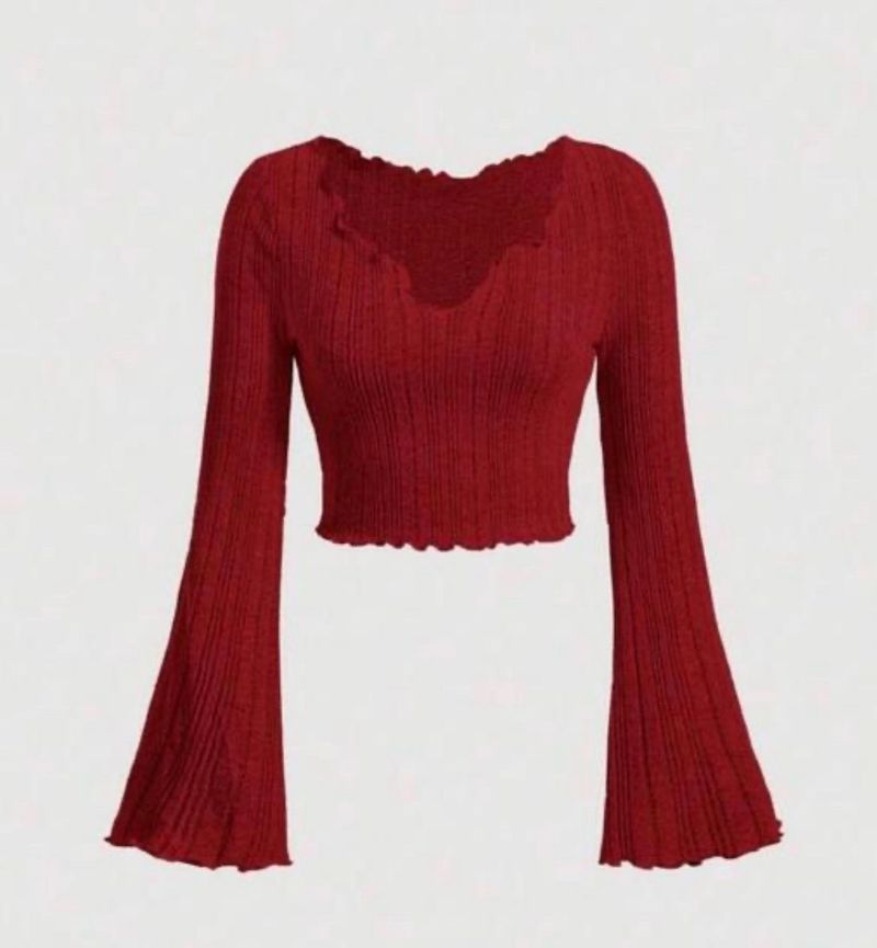 Chic marron Ribbed Flare Sleeve Top