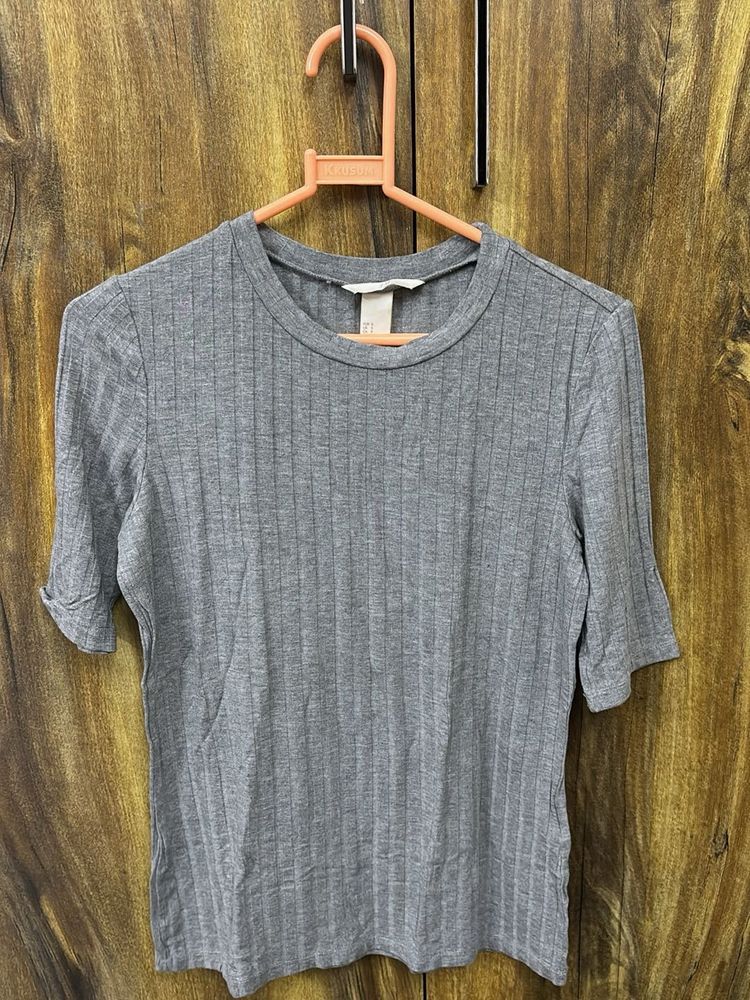 Grey Ribbed Crew Neck T-Shirt