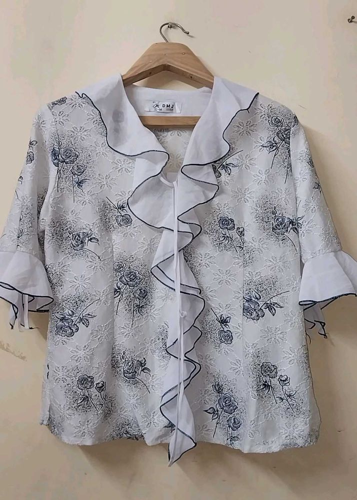 White Floral Ruffle Blouse