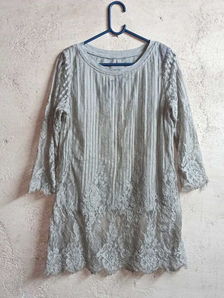 Grey Lace Trimmed Tunic Top