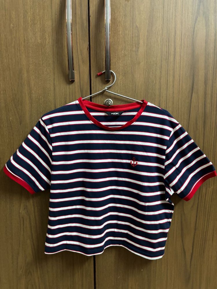 Navy &amp; White Striped Cropped T-Shirt